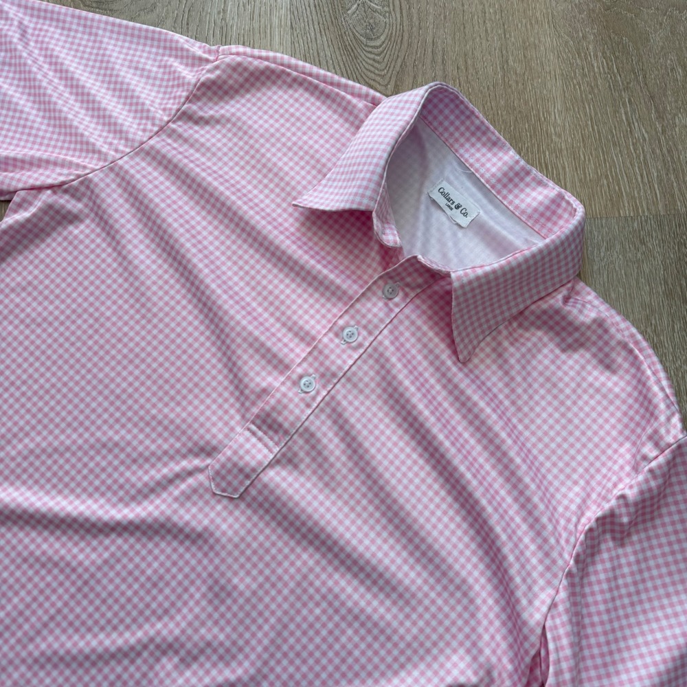 Collars & Co Dress Collar Polo Mens Large Pink Gingham Check Performance Shirt